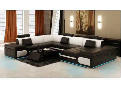 Ādas dīvāns Sofa Dīvāns Dīvāngaldu stūra dīvāns komplekts dizains moderns melns +USB