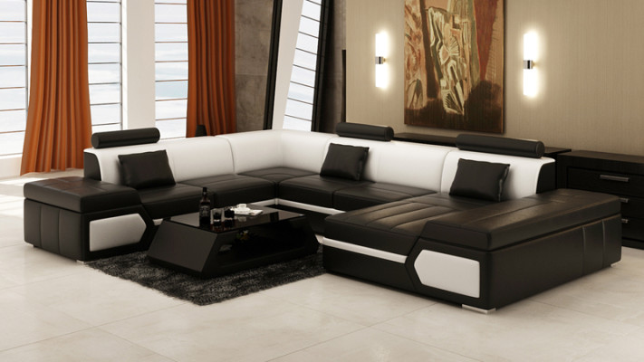 Ādas dīvāns Sofa Dīvāns Dīvāngaldu stūra dīvāns komplekts dizains moderns melns +USB