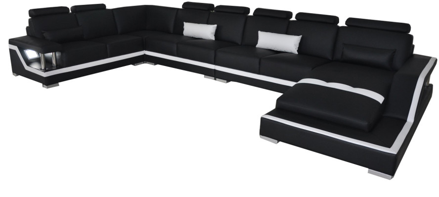 Ādas dīvāns dzīvojamo telpu stūra komplekts dizaina dīvāns U formas ar chaise un USB L6002.