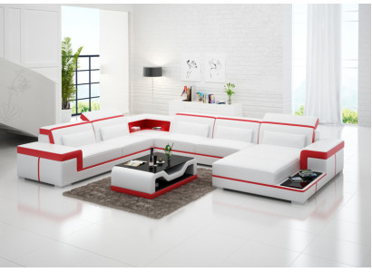 Mūsdienīga stūra mīkstais krēsls ar ādas mēbelēm stūrveida dīvāns dīvāns "Couch Wohnlandschaft" +USB.
