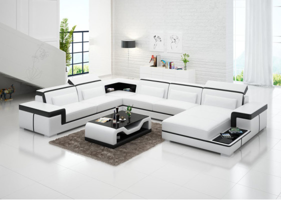 Mūsdienīga stūra mīkstais krēsls ar ādas mēbelēm stūrveida dīvāns dīvāns "Couch Wohnlandschaft" +USB.