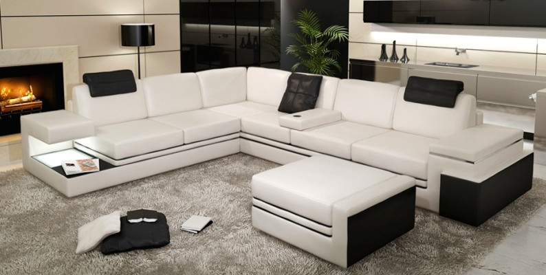 Mūsdienīgs stūra dīvāns ar dizainu, cimds, āda, tekstils, dīvāns, LED dzīvojamā zona