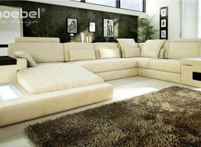 U-formas dīvāns ar mīkstu, modernu, auduma dizainu, jauns mājokļa interjers, ādas stūra dīvāns.