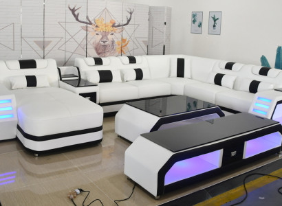 U formas dzīvojamais stūris Modernais luksusa dīvāns stūrains dīvāns U formas dīvāns mākslīgais balts ādas dīvāns.