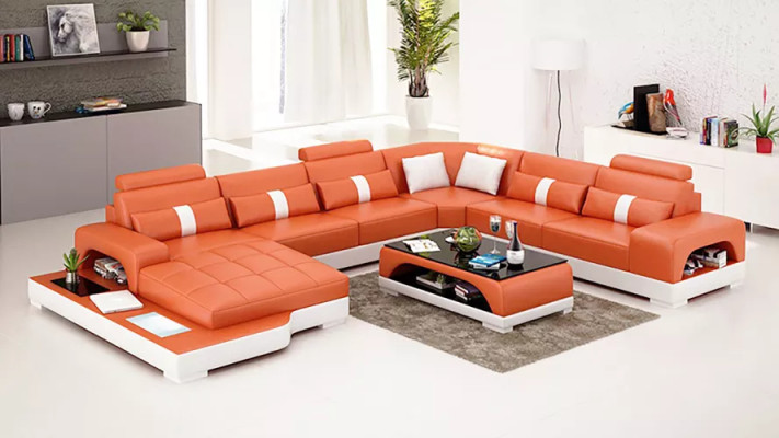 Mūsdienīga stūra sofa U formas galds stūra sofa ar ādas pārklājumu oranža krāsā luksuss.