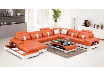 Mūsdienīga stūra sofa U formas galds stūra sofa ar ādas pārklājumu oranža krāsā luksuss.
