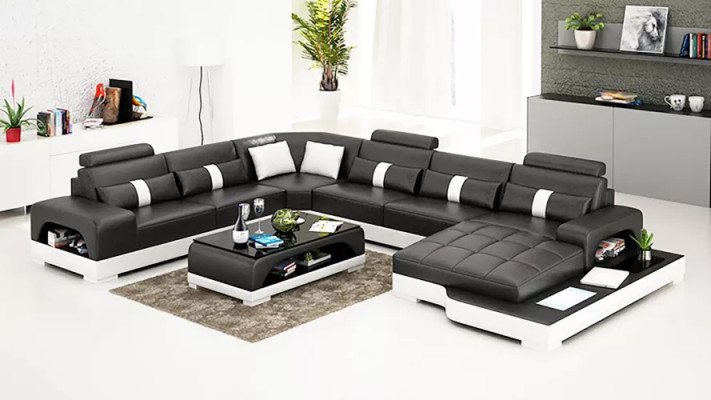 Mūsdienīga stūra sofa U formas galds stūra sofa ar ādas pārklājumu oranža krāsā luksuss.