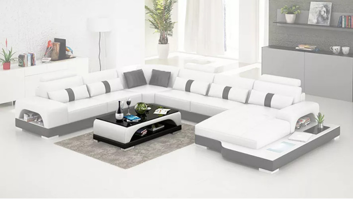 Mūsdienīga stūra sofa U formas galds stūra sofa ar ādas pārklājumu oranža krāsā luksuss.