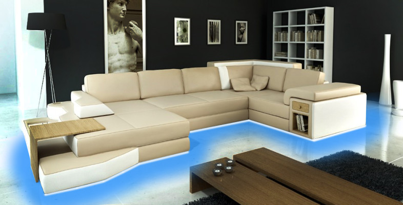 XXL Dizaina Liels Sofa +USB Stūra dīvāns Dīvāns Wohlandschaft U Forma Āda Tekstils Stūris
