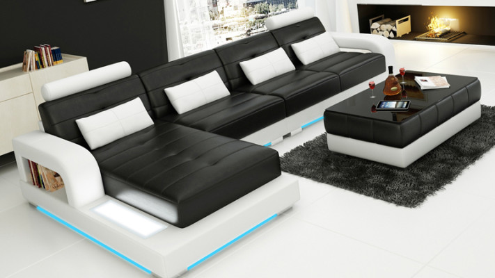 Ādas dīvāns ar USB, dzīvojamā zona, stūra dīvāns, moderne stils, sofa modelis L6008C.