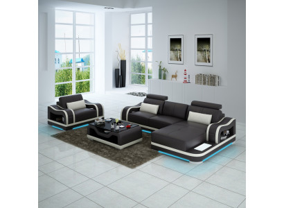 Ādas dīvāns, stūra dīvānkamerā, stūra dīvāns + krēsls, stūra komplekts modernā izpildījumā G8030E