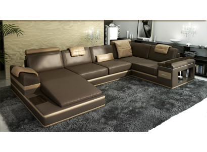 Stūra sofa ar USB + LED apgaismojumu dzīvojamo telpu formā, Polster Couch ādas un auduma pārklājums.