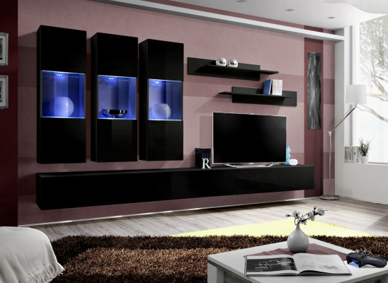 7 gabalu dzīvojamās sienas komplekts no koka mēbeļiem ar 2 TV statīviem un moderniem sienas plauktiem melnā krāsā.