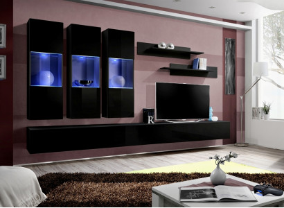 7 gabalu dzīvojamās sienas komplekts no koka mēbeļiem ar 2 TV statīviem un moderniem sienas plauktiem melnā krāsā.