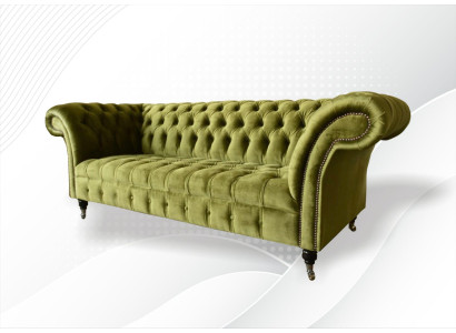 Chesterfield Zaļais trīsvietīgs dzīvojamās istabas dizaina dīvāns ar auduma pārklājumu, jauns