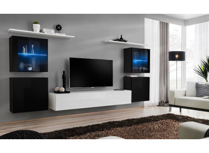 Dzīvojamā telpa Baltas sienas plaukti TV statīvs Pilna sienai mēbeles Augstās spīduma mēbeles Interjers