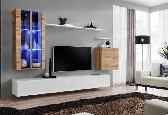 Balta jauna dzīvojamā siena TV statīvs sienas skapis koka mēbeles stils luksuss moderns.