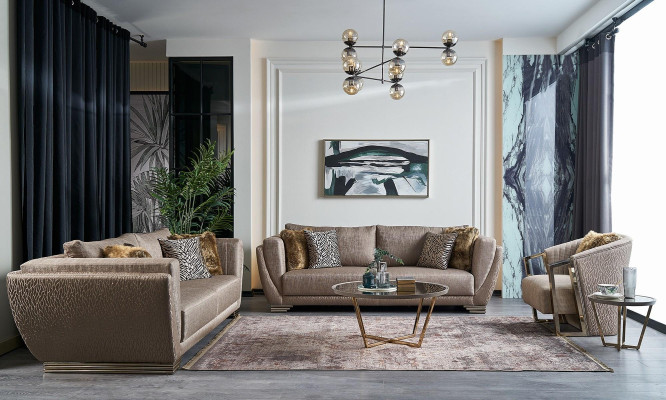 Audumainas sofa, 3-vietīgā dīvāngarnitūra ar brūnu apdari, komplektā 3 gabalos - moderns.