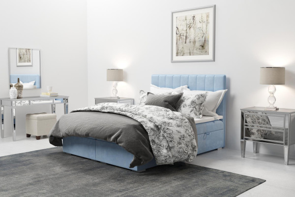 Boxspring gulta viesnīca divstāvu zila samta luksusa gulta ar polsterētu gultas kasti 180x200.