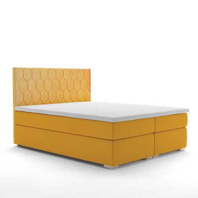 Boxspring gulta viesnīcai divguļamā forma ar luksusa matračiem, polsterētas funkcijas un dzelteno samtu.