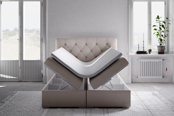 Boxspring gulta viesnīca divvietīga zila tekstila luksusa gulta polsterēta gultas kaste funkcija