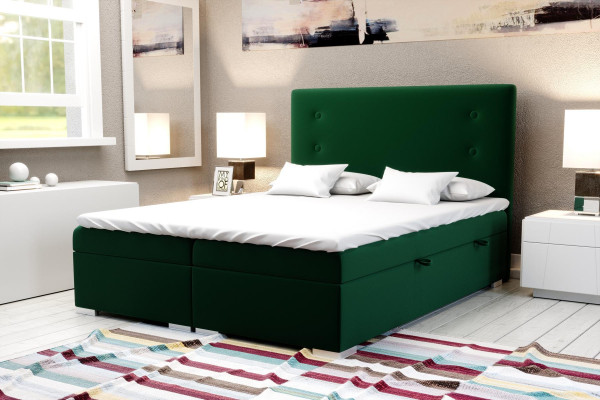Boxspring gulta viesnīcai Dubultā komplektā ietilpst matracis, matrača virsma, gultas funkcija un kaste.