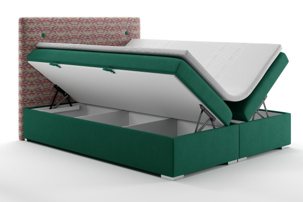 Boxspring gulta viesnīcai Dubultā komplektā ietilpst matracis, matrača virsma, gultas funkcija un kaste.