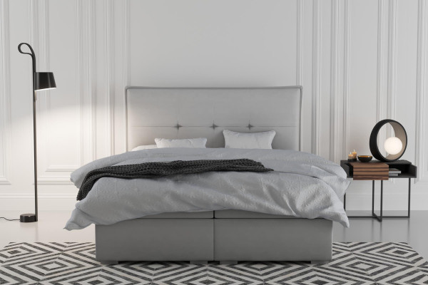 Boxspring gulta viesnīcai divvietīga tekstila grijs luksusa gultas polsterētais gultas kastes funkcija