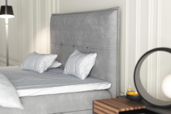 Boxspring gulta viesnīcai divvietīga tekstila grijs luksusa gultas polsterētais gultas kastes funkcija
