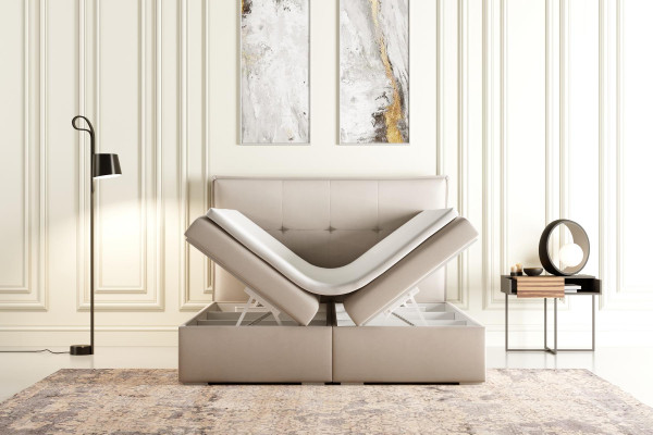 Boxspring gulta viesnīcai divvietīga tekstila grijs luksusa gultas polsterētais gultas kastes funkcija