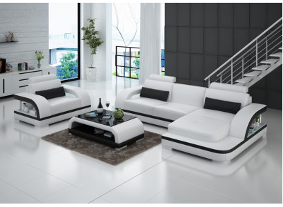 Ādas dīvāns Istabas mēbeles Ar kūtu + krēslu komplekts Moderns dīvāns LED + USB