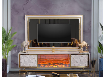 Dekoratīvais kamīns dzīvojamās istabas sienas TV komoda ar eleganto Premium nerūsējošā tērauda dizainu.