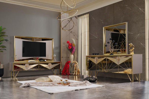 Sēdvietas skapis Skapis Komoda TV-komoda izsmalcinātā dizainā ar zelta elementiem