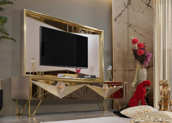 Sēdvietas skapis Skapis Komoda TV-komoda izsmalcinātā dizainā ar zelta elementiem