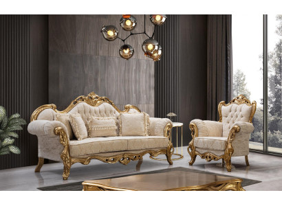 Chesterfield dīvāns un krēsls beige krāsā, augstvērtīgā luksusa dizainā