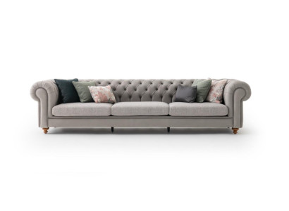 Chesterfield dizaina pelēks dīvāns ar auduma polsterējumu, 4-vietīgs dīvāns. Jauns.
