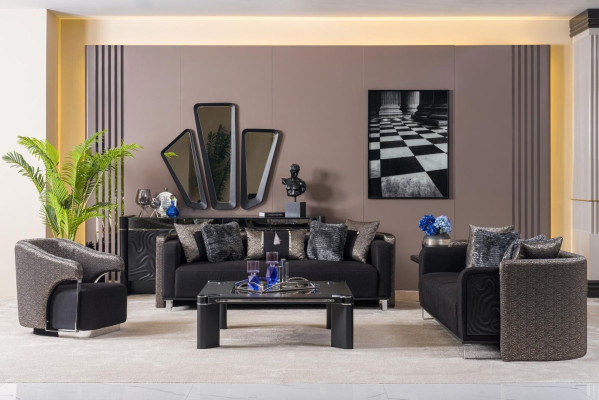 Sofas komplektā ar 3+3+1 sēdvietu dzīvojamā istabā komplektā ar tekstila dīvānu, krēslu un koka elementiem, jauns.