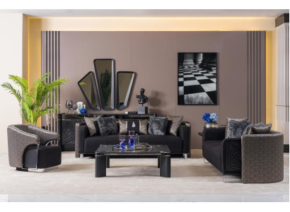 Sofas komplektā ar 3+3+1 sēdvietu dzīvojamā istabā komplektā ar tekstila dīvānu, krēslu un koka elementiem, jauns.