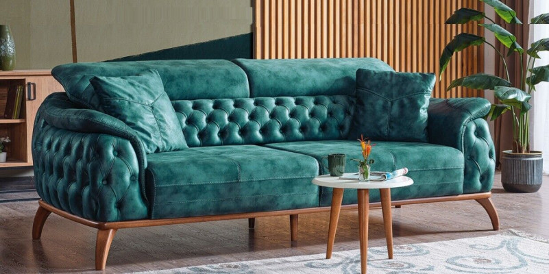 Luksusa Chesterfield 3 personas dizainera dīvāns ar auduma apdari, jauna.