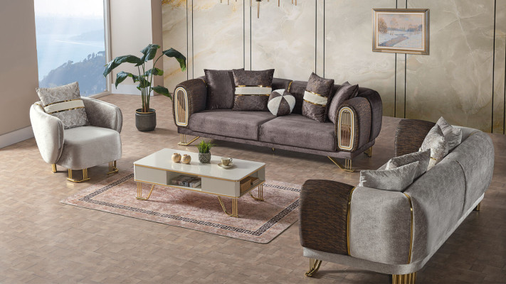 Sofas komplekts 3+3+1 sēdvietu dzīvojamā istaba Komplekts Tekstils Dīvāns Krēsls Koks