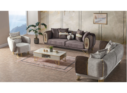 Sofas komplekts 3+3+1 sēdvietu dzīvojamā istaba Komplekts Tekstils Dīvāns Krēsls Koks