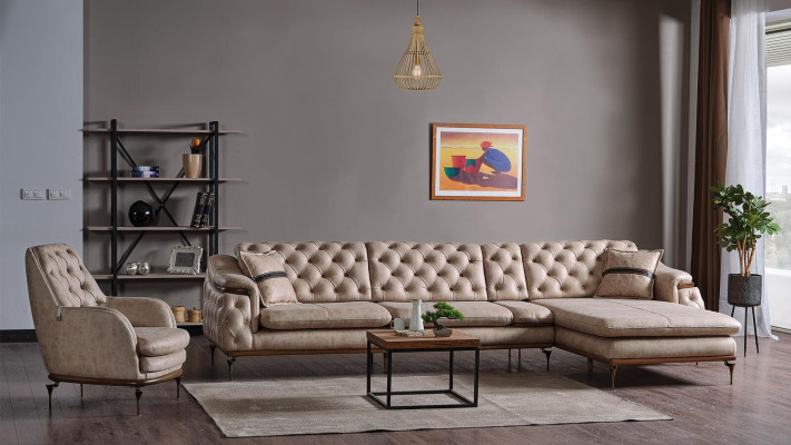 Luxusa dzīvojamā istaba komplekts galds stūra dīvāns L formā Moderns komplekts Chesterfield.
