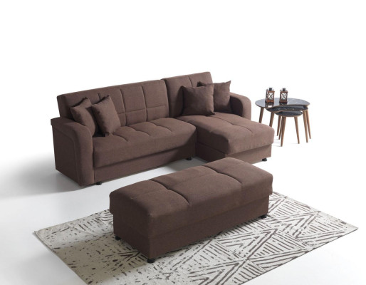 Luksusa dzīvojamā istaba komplekts ar paklāju un stūrtiepu gultu modernā stilā, pilnībā aprīkots.