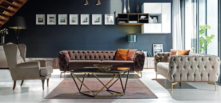 Sofasets 3+3+1 sēdvietu komplekts dizaina polsterētas dīvāns audums Chesterfield