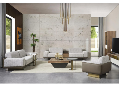 Grupas sofa Pilna mīksta galdi soļaini Pelēks auduma dīvāns Dīvānu komplekts 3 daļas