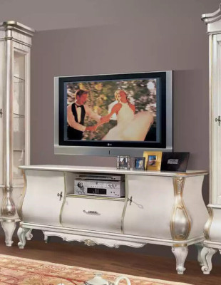 Klasiska baltā dzīvojamās istabas mēbeļu sienas vienība TV stendiem 2x vitrīnām elegants komplekts 3 gabalu skapis