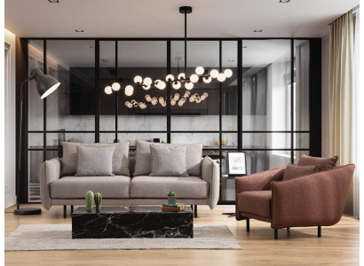 Sofas komplekts: 3-vietīgs dīvāns, 1 krēsls, galds ar izgrieztām kājiņām, 2 gabali. Jauns.