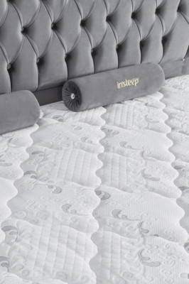 Gulta Pelēcīgā divguļamā gulta Boxspring gultas noformējums audums Chesterfield 160x200