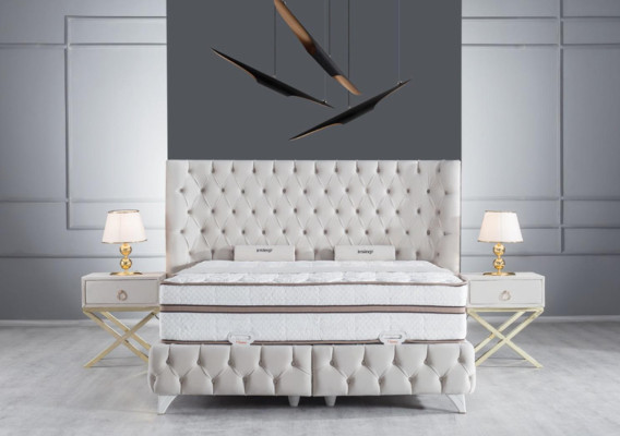Guļamistabas komplekts Bokspavas gulta Baltā krāsā Chesterfield stila Eleganti 2x naktsgaldi 3 detaļas.
