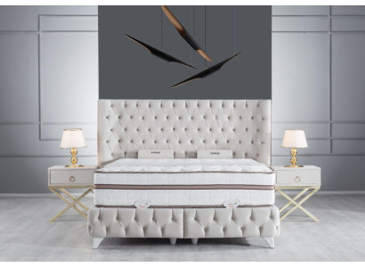 Guļamistabas komplekts Bokspavas gulta Baltā krāsā Chesterfield stila Eleganti 2x naktsgaldi 3 detaļas.